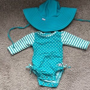 Ruffle Butts Teal Polka Dot & Stripe One-Piece Swimsuit with Sun Hat